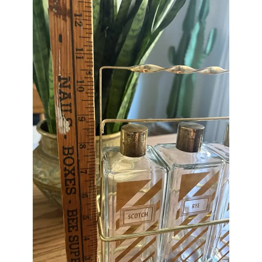 Vintage Midcentury Decanter Set with Brass Caddy Scotch Rye Bourbon Bottles
